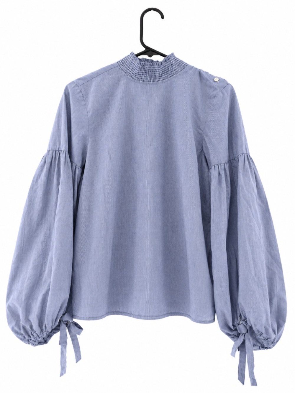 Ann Taylor Blue Gingham Smocked Mock Neck Balloon Sleeve Blouse